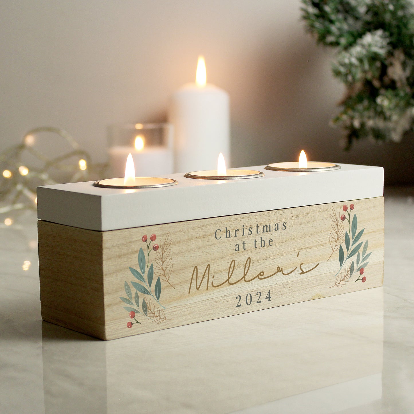 Eleanoras CHRISTMAS FOLIAGE PERSONALISED TRIPLE TEA LIGHT BOX Candle Holders