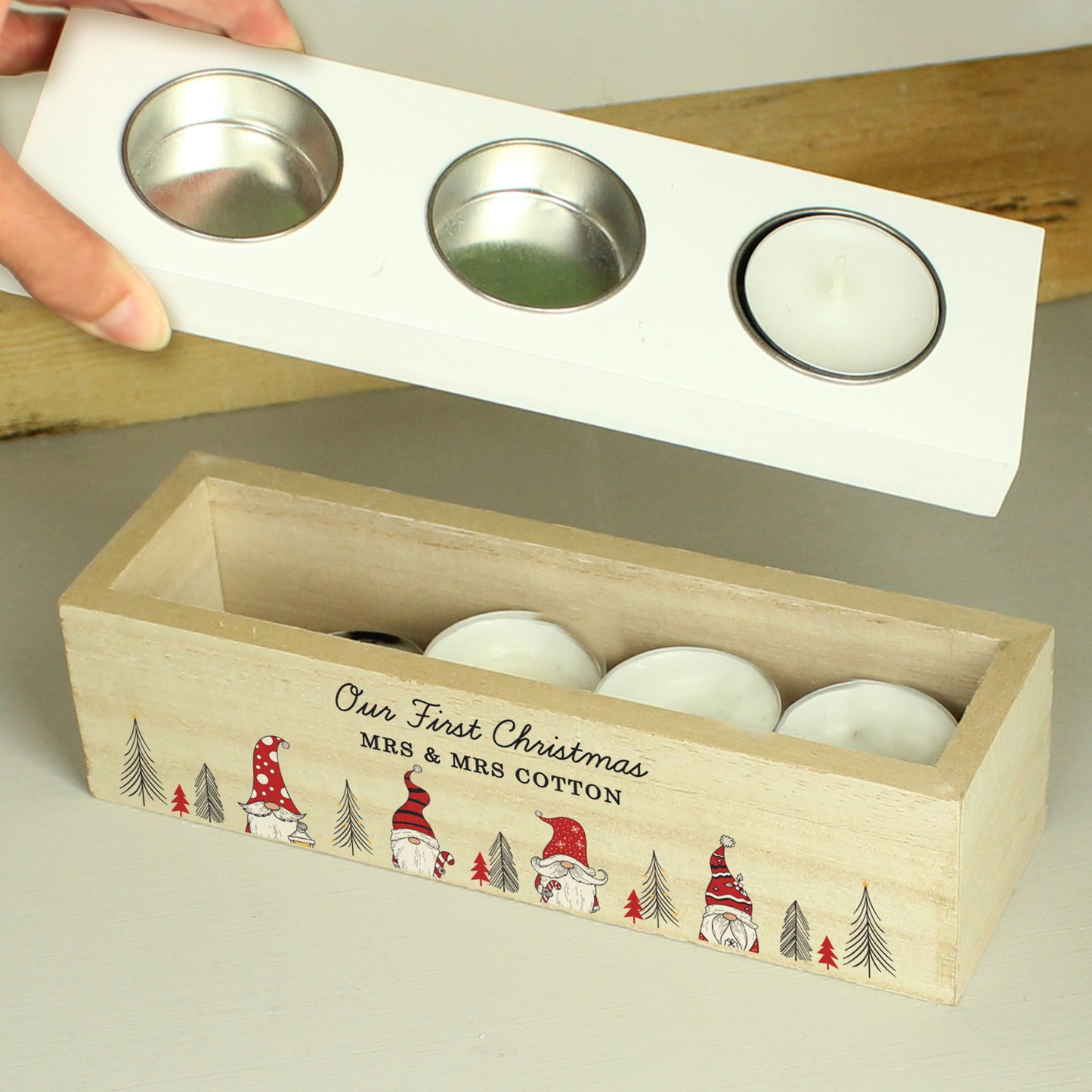 Eleanoras CHRISTMAS GONK PERSONALISED TRIPLE TEA LIGHT BOX Candle Holders