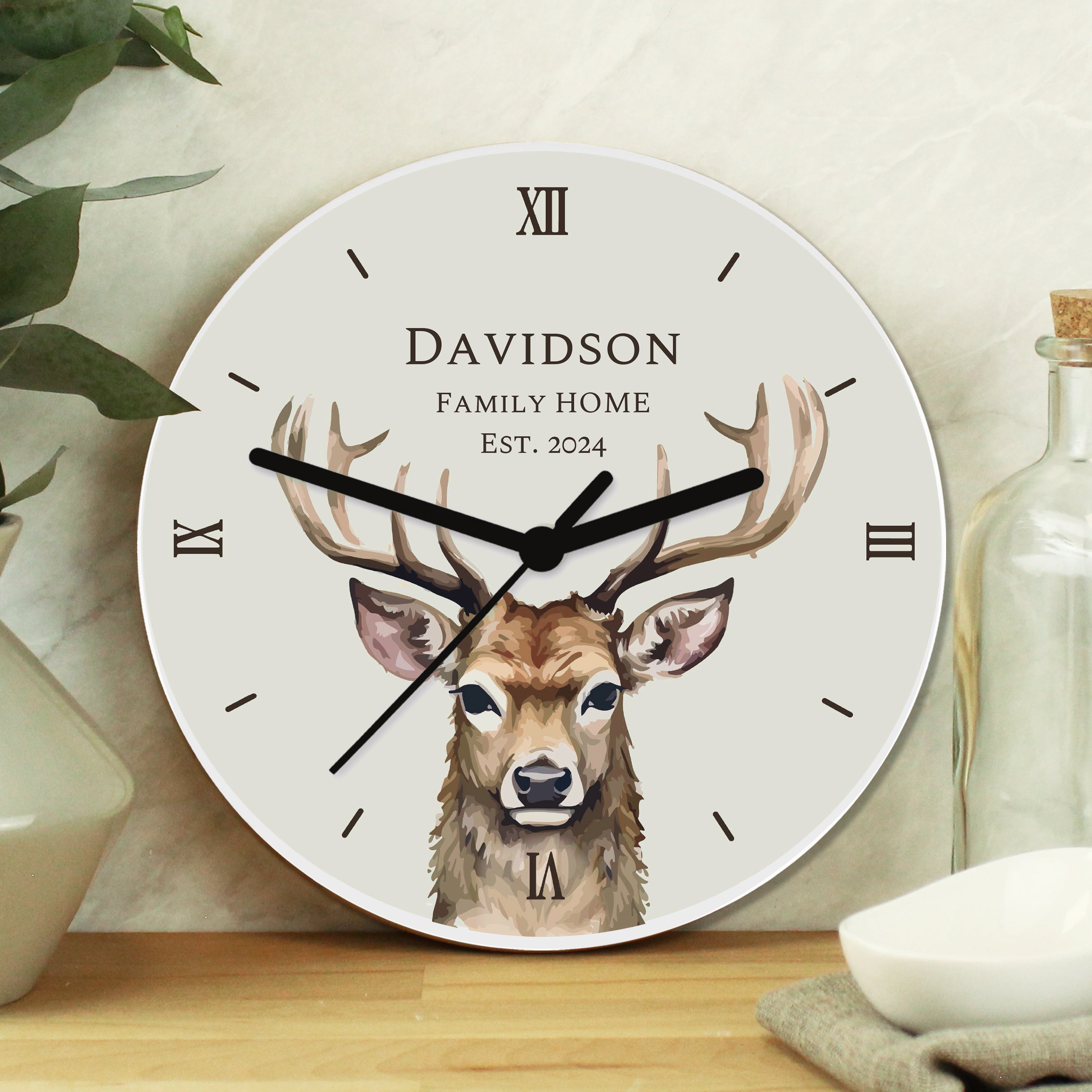 Eleanoras Personalised Watercolour Stag Wooden Clock Clocks