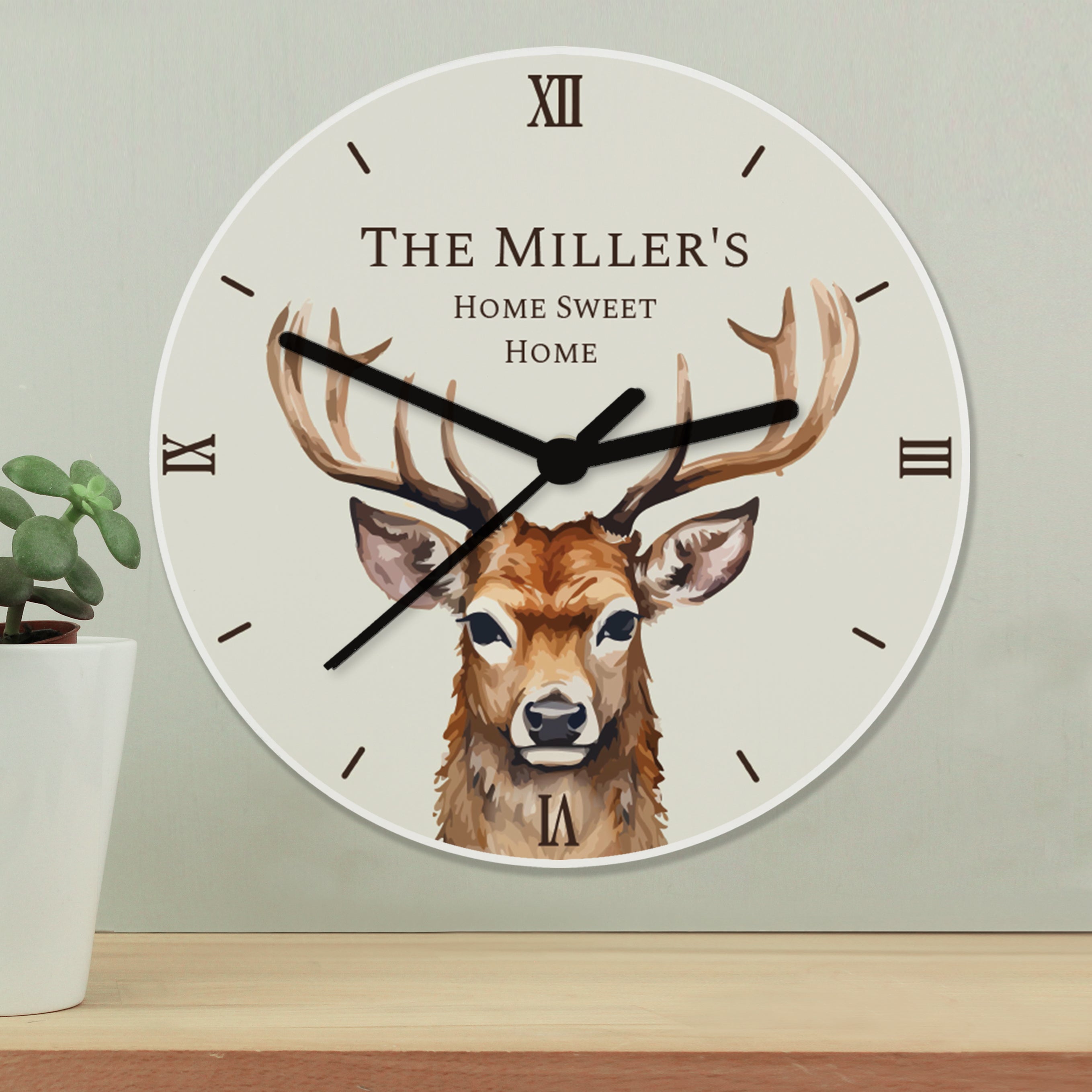 Eleanoras Personalised Watercolour Stag Wooden Clock Clocks