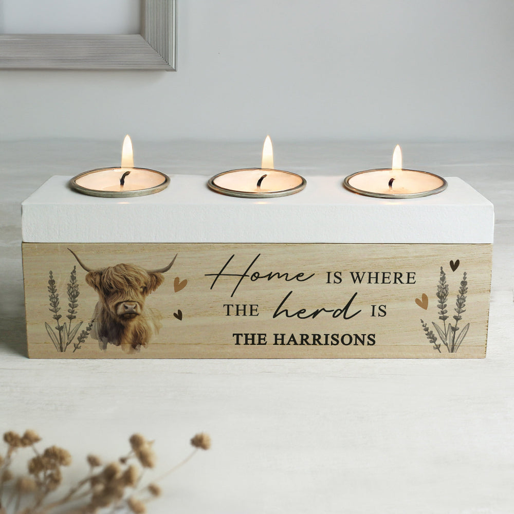 Eleanoras Highland Cow Personalised Triple Tealight Box Candle Holders