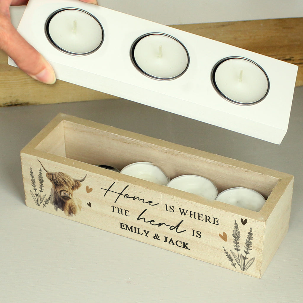 Eleanoras Highland Cow Personalised Triple Tealight Box Candle Holders
