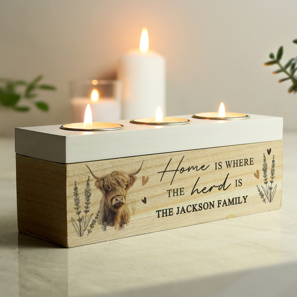 Eleanoras Highland Cow Personalised Triple Tealight Box Candle Holders