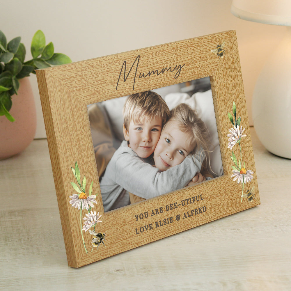 Personalised Mum Floral Bee Oak Finish Photo Frame