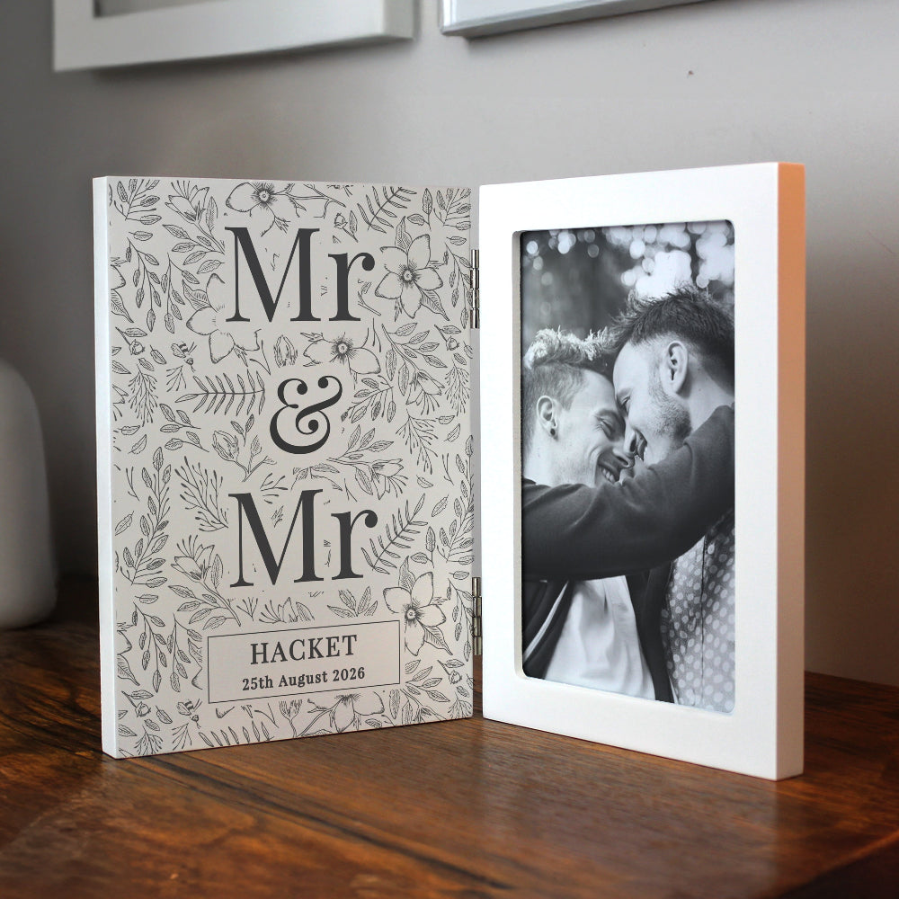 Personalized photo album with 'Mr & Mr' design and a black and white photo of two men on a wooden surface.