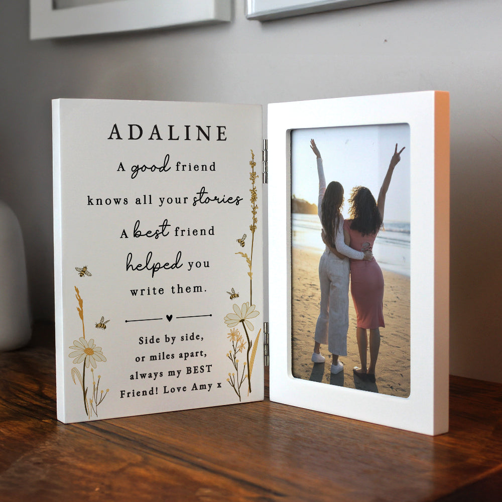 Personalized photo frame with a quote and a picture of two people on a beach.