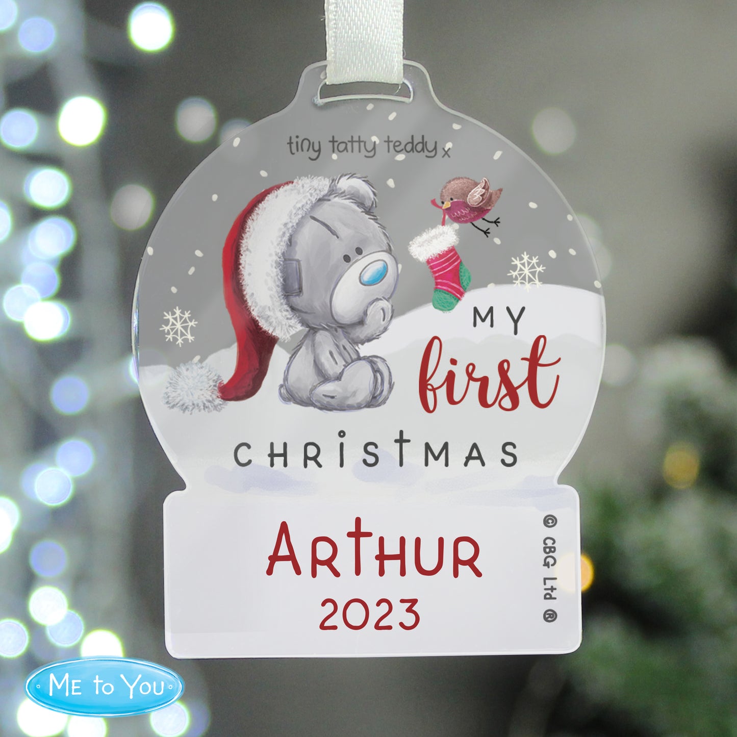 Personalised First Christmas Tiny Tatty Teddy Acrylic Snow Globe Decoration