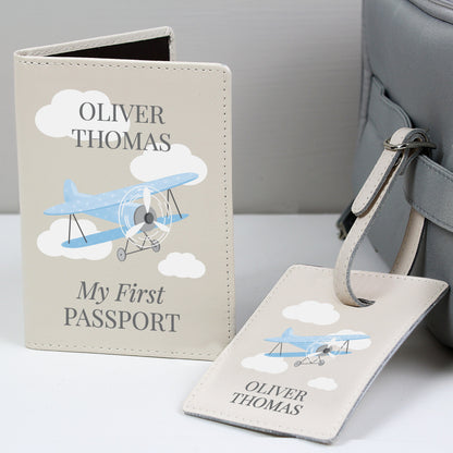 Personalised Blue Plane Passport Holder & Luggage Tag Set Travel Accessories from Eleanoras
