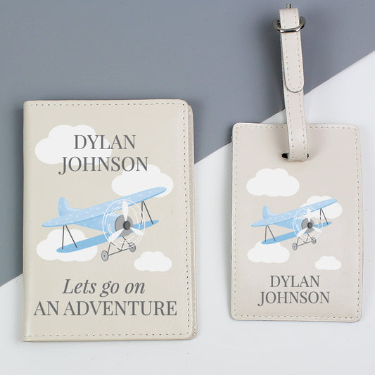 Personalised Blue Plane Passport Holder & Luggage Tag Set Travel Accessories from Eleanoras