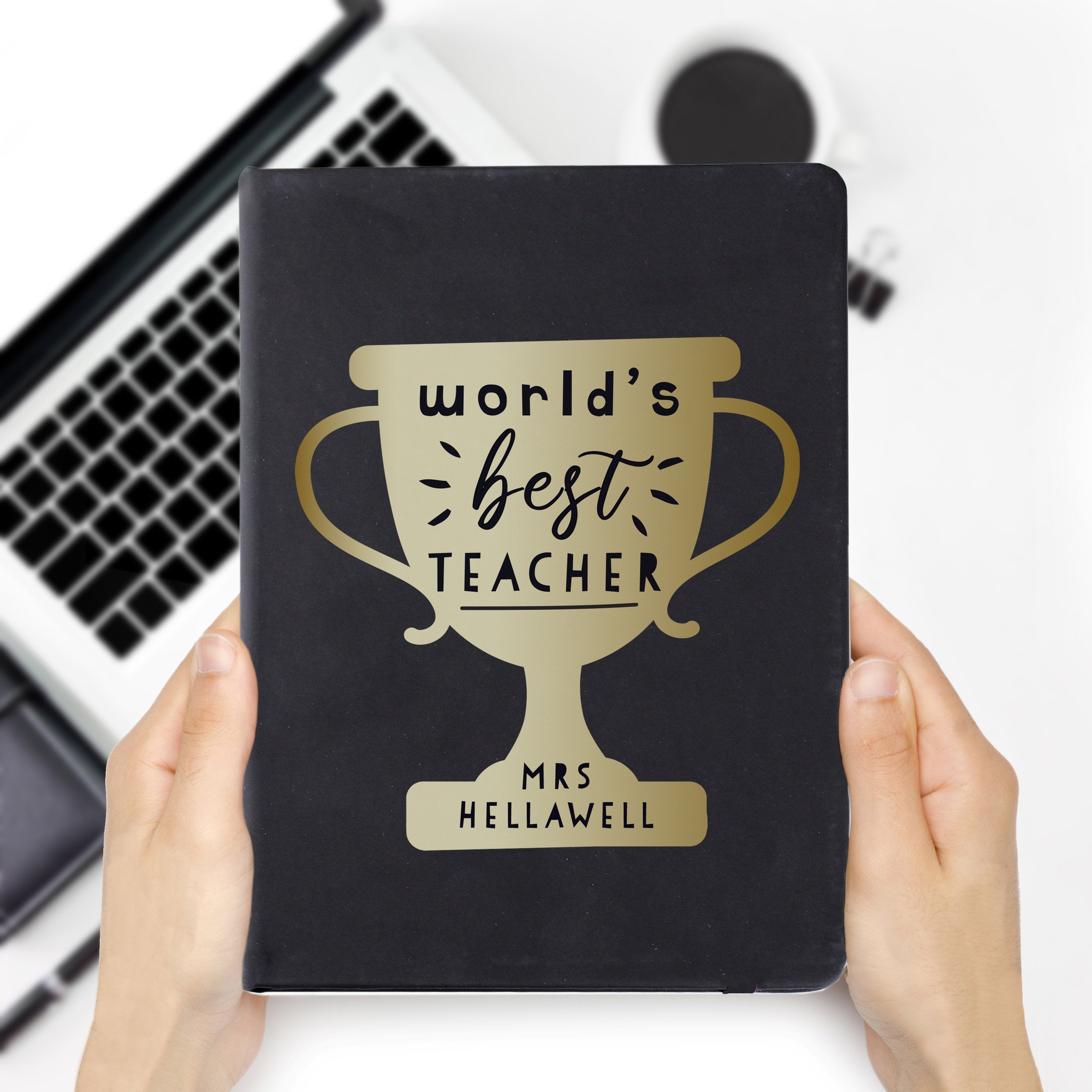 Eleanoras Personalised Worlds Best Teacher Trophy Black Hardback Notebook Notebooks