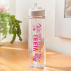 Clear water bottle with pink design and text on a wooden surface