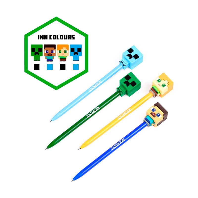 Set of 4 Erasable Pens with Minecraft Chibi Style Silicone Topper