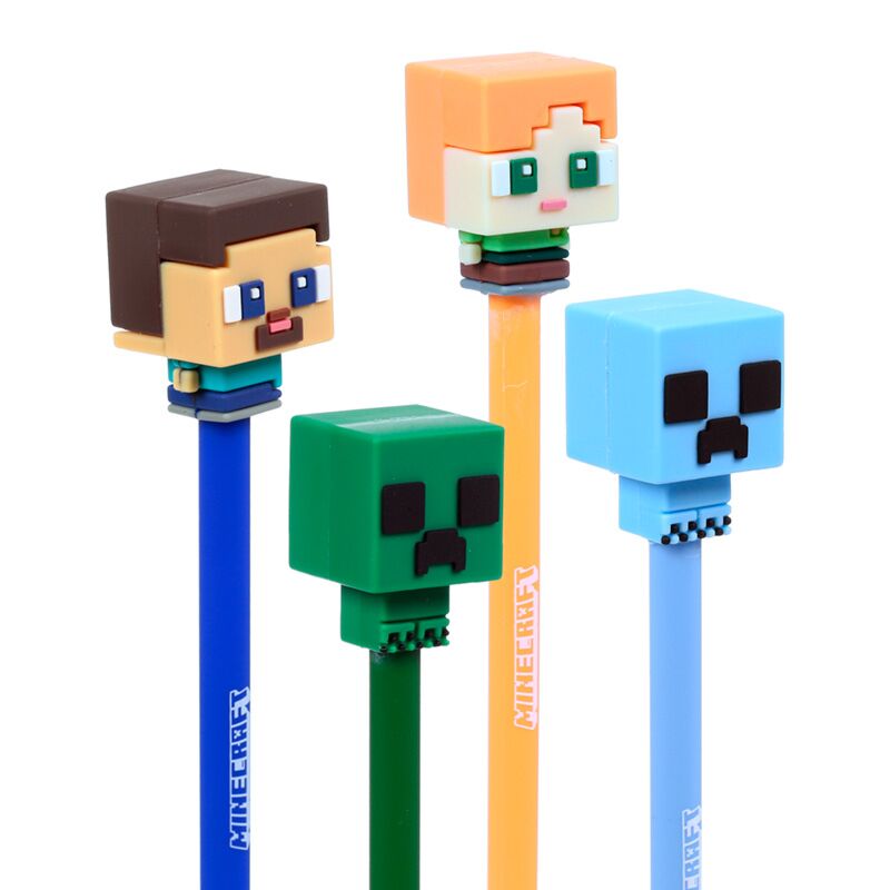 Set of 4 Erasable Pens with Minecraft Chibi Style Silicone Topper