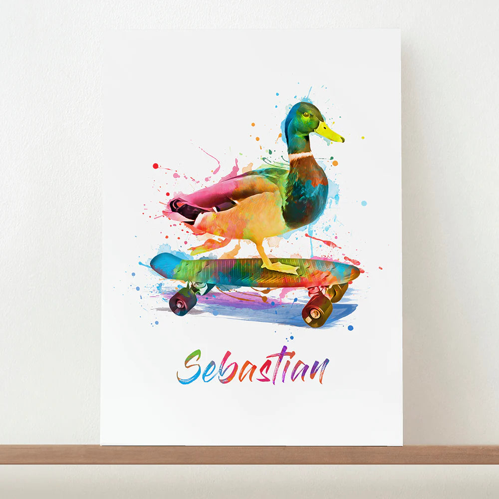 Eleanoras SKATEBOARDING DUCK PERSONALISED WATERCOLOUR PRINT 