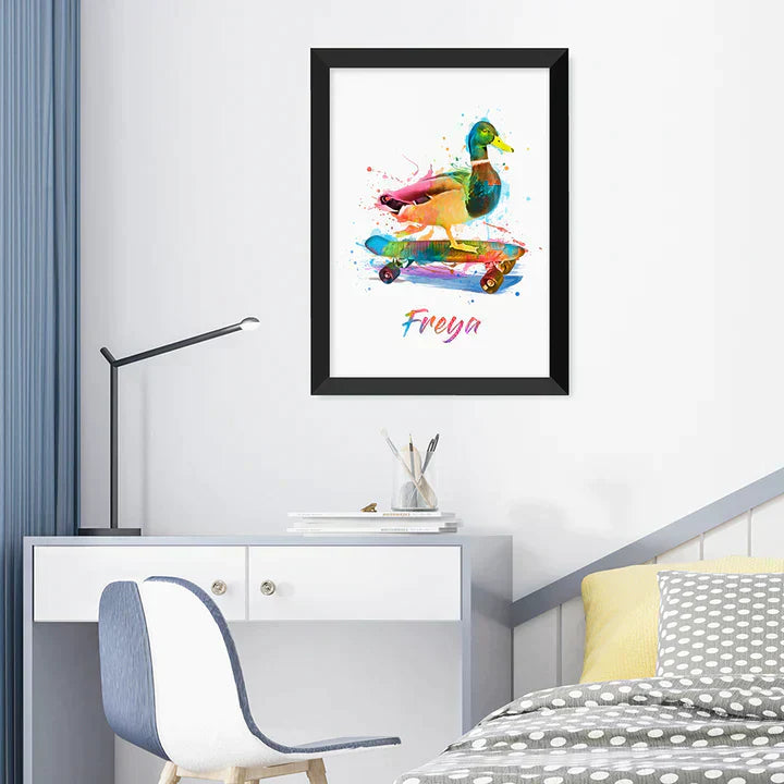 Eleanoras Personalised Watercolour Duck Skateboarding Print Prints