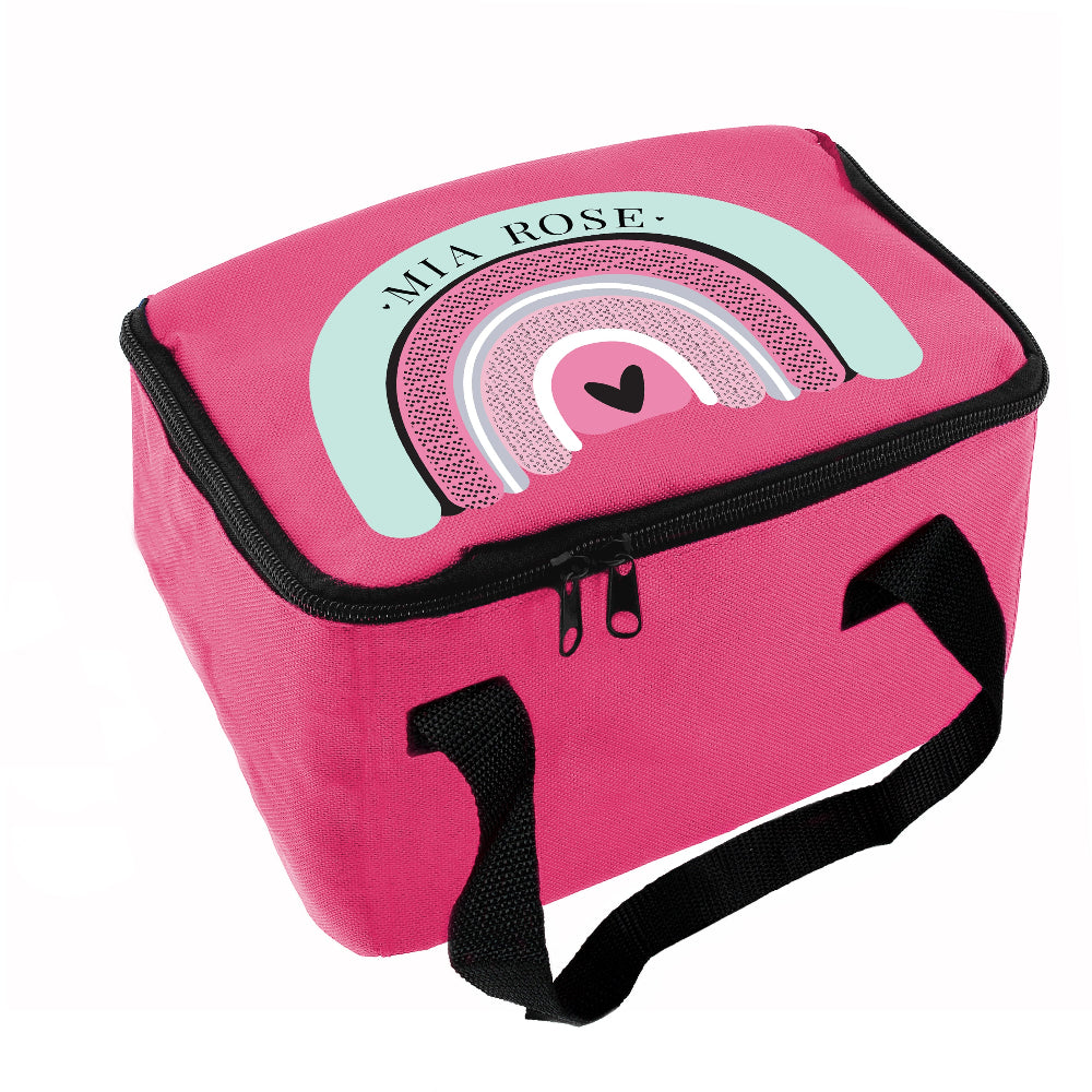 Pink lunch bag with a rainbow design and 'Mia Rose' text on a white background