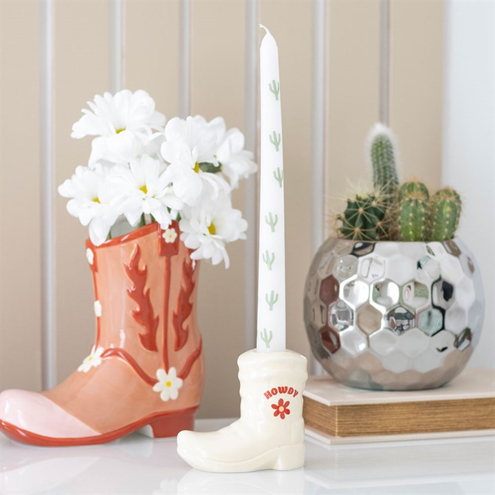 Eleanoras White Cowboy Boot Candle Holder With Taper Candle Candle Holders