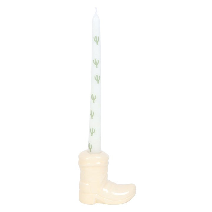 Eleanoras White Cowboy Boot Candle Holder With Taper Candle Candle Holders