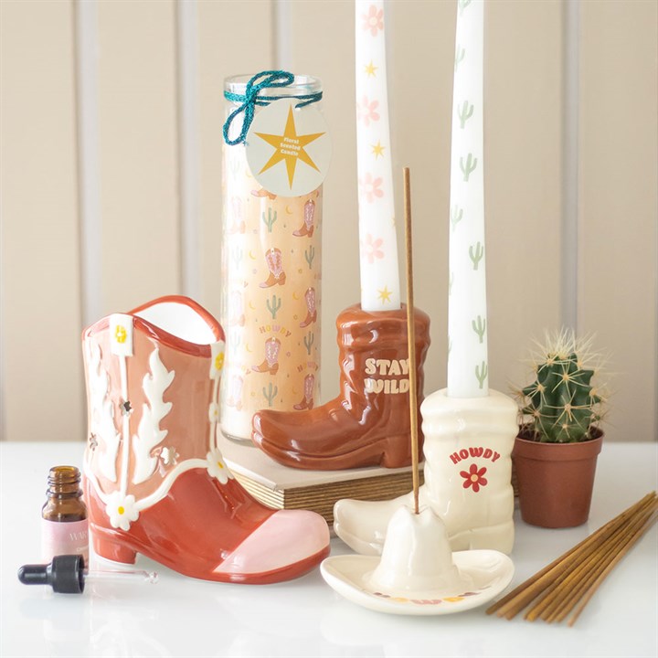Eleanoras Brown Cowboy Boot Candle Holder With Taper Candle Candle Holders