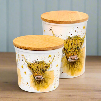 HIGHLAND COO COW SET OF 2 BAMBOO STORAGE JARS