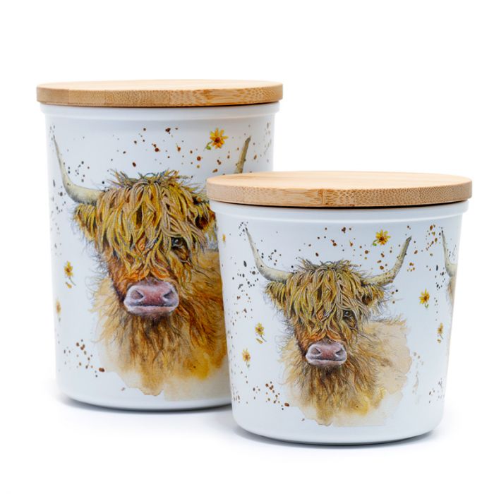 HIGHLAND COO COW SET OF 2 BAMBOO STORAGE JARS