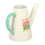 White watering can with floral design and 'No Rain No Flowers' text on a white background