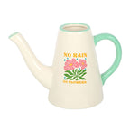 Decorative watering can with floral design and 'No Rain No Flowers' text on a white background