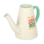 White watering can with floral design and text on a white background