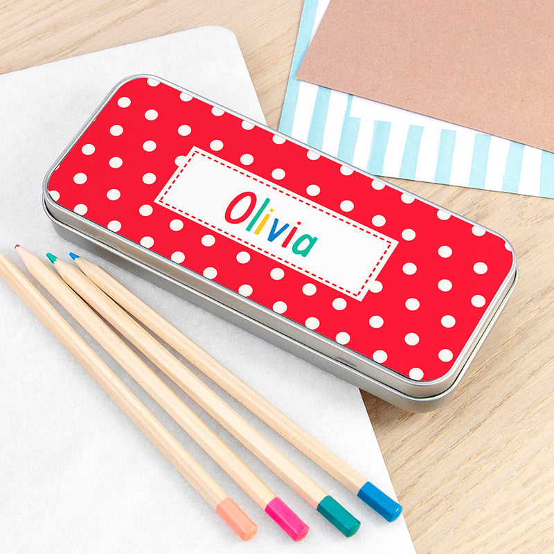 Eleanoras Personalised Spots Patterned Pencil Case Tin Pencil Cases