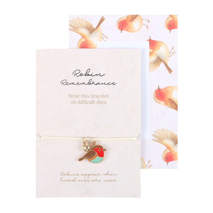 Bracelet with robin design on a card with robin illustrations