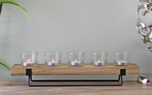 Eleanoras FIVE PIECE GLASS, WOOD AND METAL TEALIGHT HOLDER Candle Holders