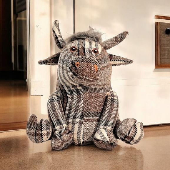 Eleanoras BULL GREY FABRIC TARTAN DOORSTOP Door Stops