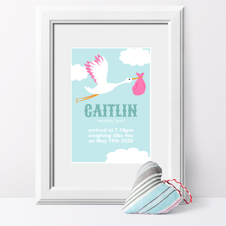 Eleanoras PINK STORK NAME MEANING PERSONALISED NURSERY PRINT Kids Wall Art & Prints