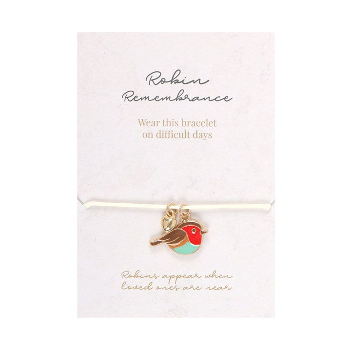 Bracelet with robin charm on a card with text