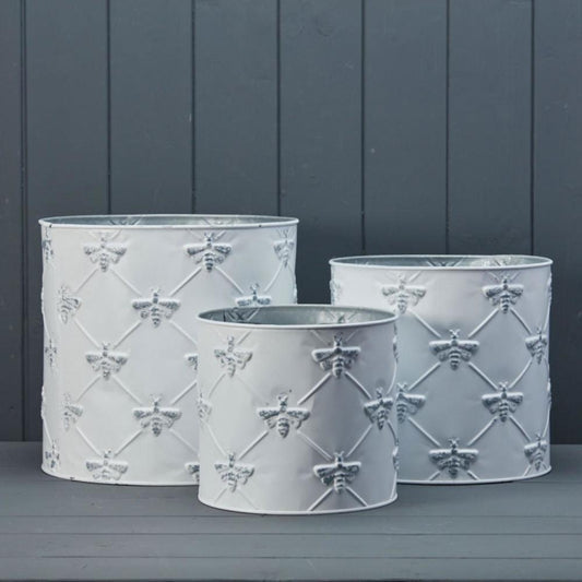 BEE SET OF THREEWHITE ZINC  PLANTERS