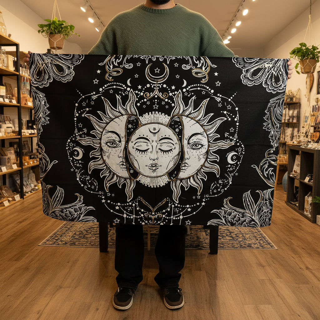Person holding a large black and white tapestry with celestial designs.