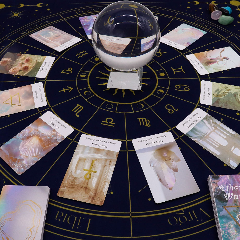 Crystal ball on a tarot card spread with astrological symbols