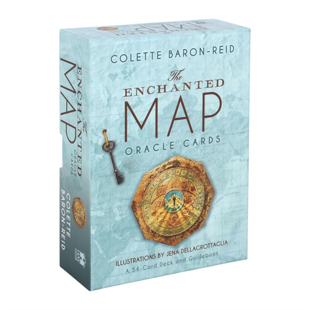 Box of 'The Enchanted Map' Oracle Cards by Colette Baron-Reid on a light blue background