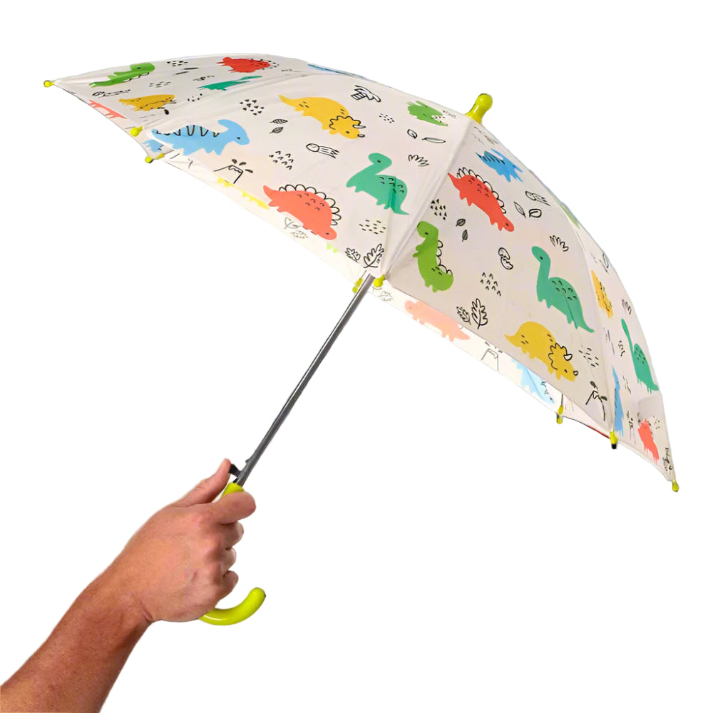 Umbrella with dinosaur pattern held by a hand on a white background