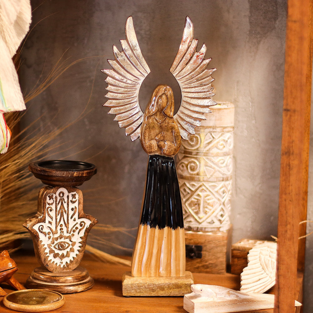 Metal Wings & Enamel Detail Large Mango Wood Guardian Angel
