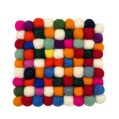 Handcrafted Felt Ball Square Coasters – Multi Colour (Set of 4)