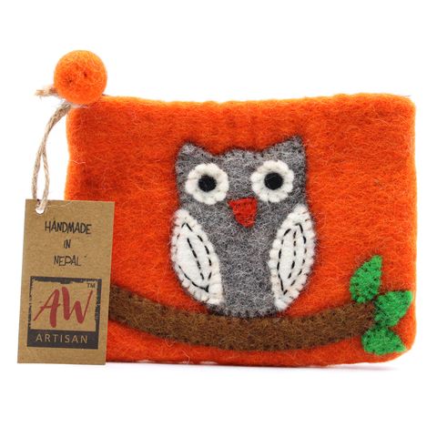 Owl on Branch Felt Zipper Pouch | Handmade Wool Pouch from Nepal