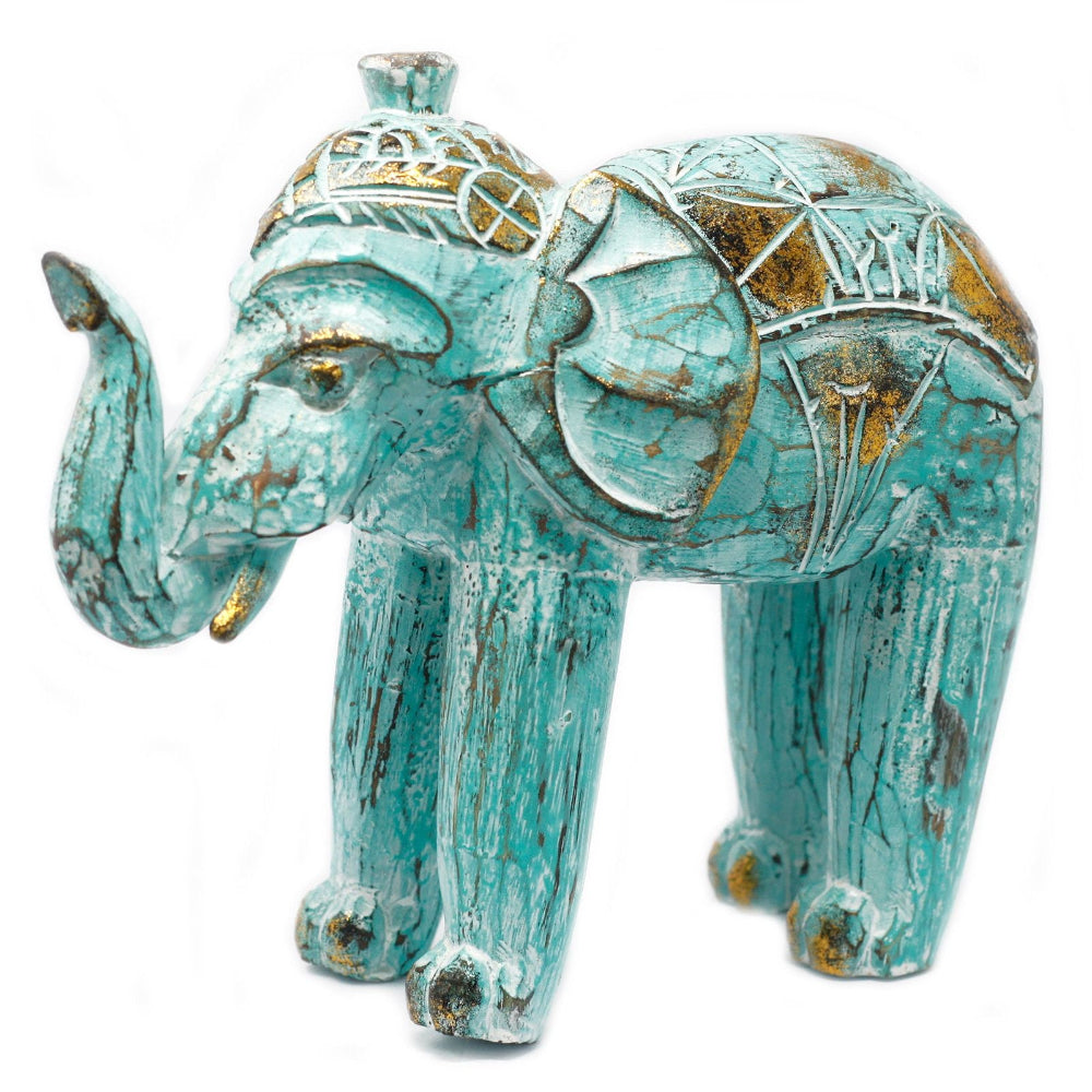 Turquoise Gold Wood Carved Elephant