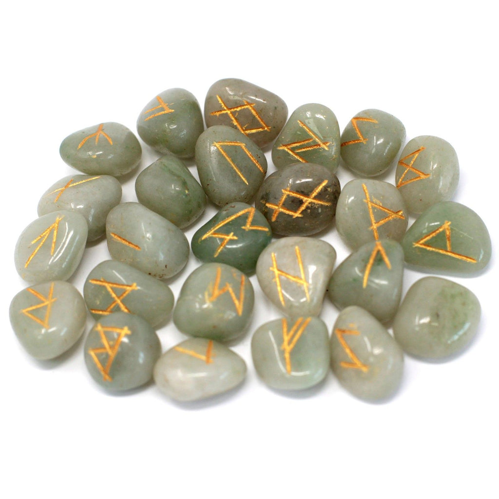 Green Aventurine Runes Stone Set in Pouch