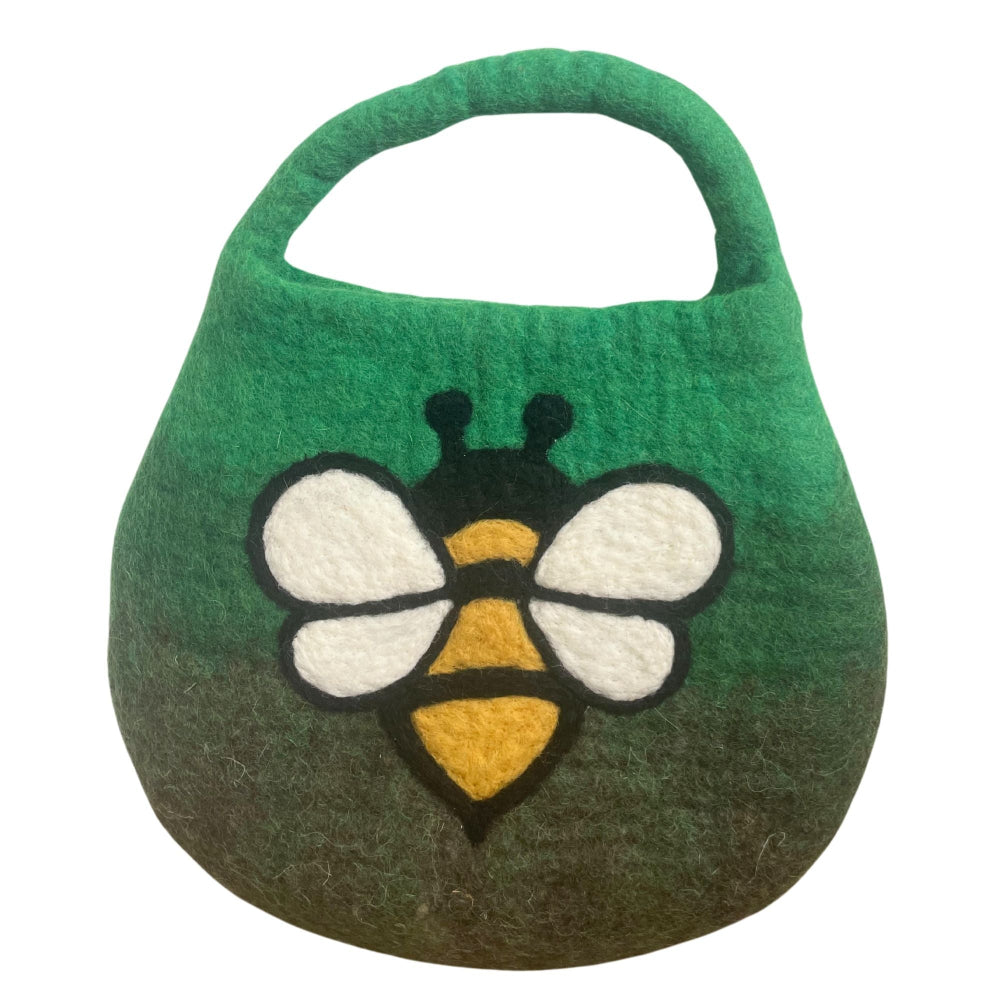 Green felt bag with a bee design on a white background