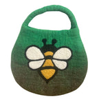 Green felt bag with a bee design on a white background