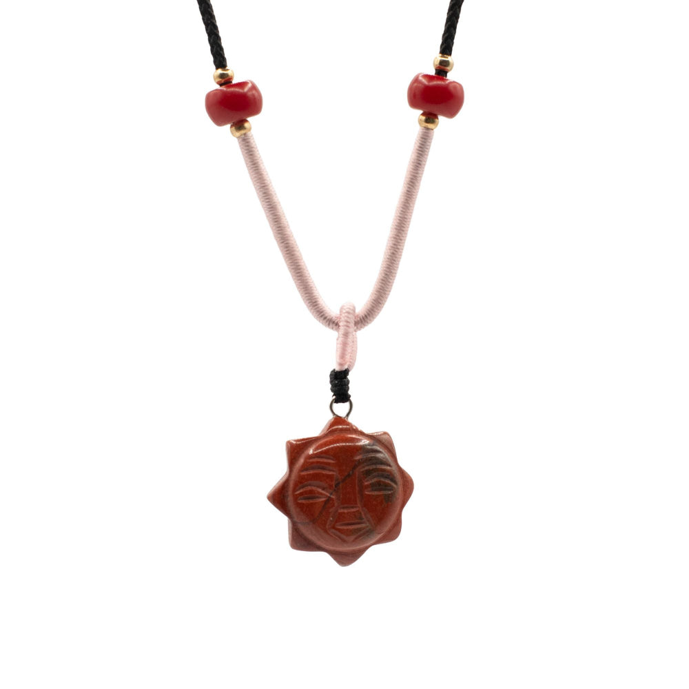 Carnelian Sun Face Pendant | Gemstone Cord Necklace