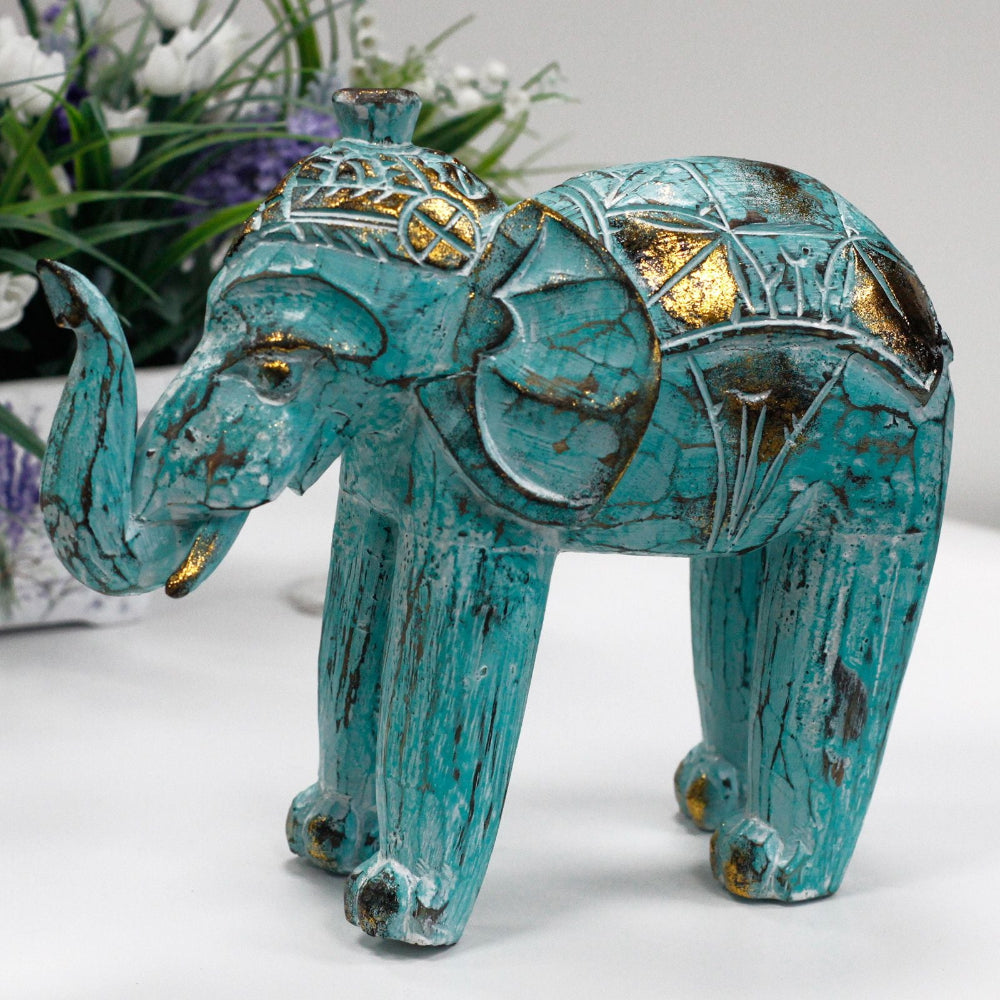 Turquoise Gold Wood Carved Elephant