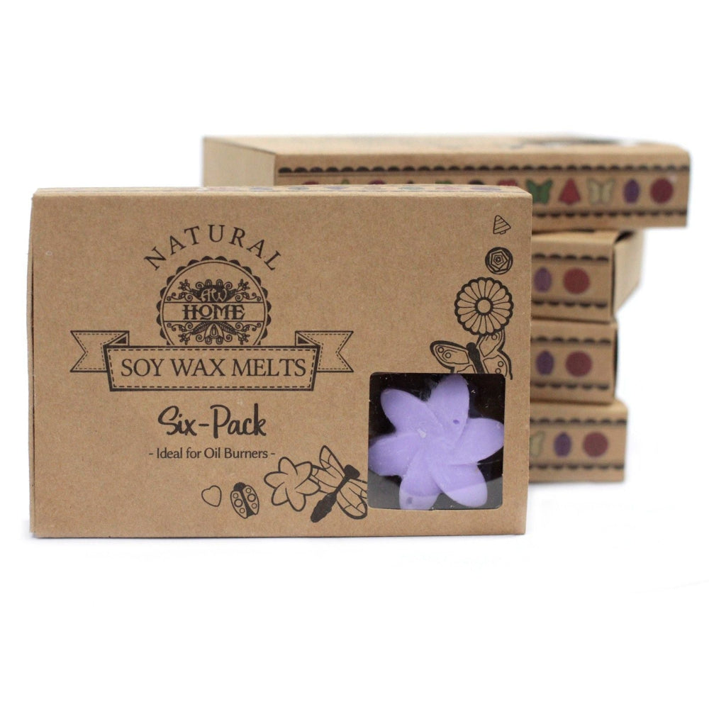 Box of Natural Home Soy Wax Melts with a small wax melt inside, on a white background