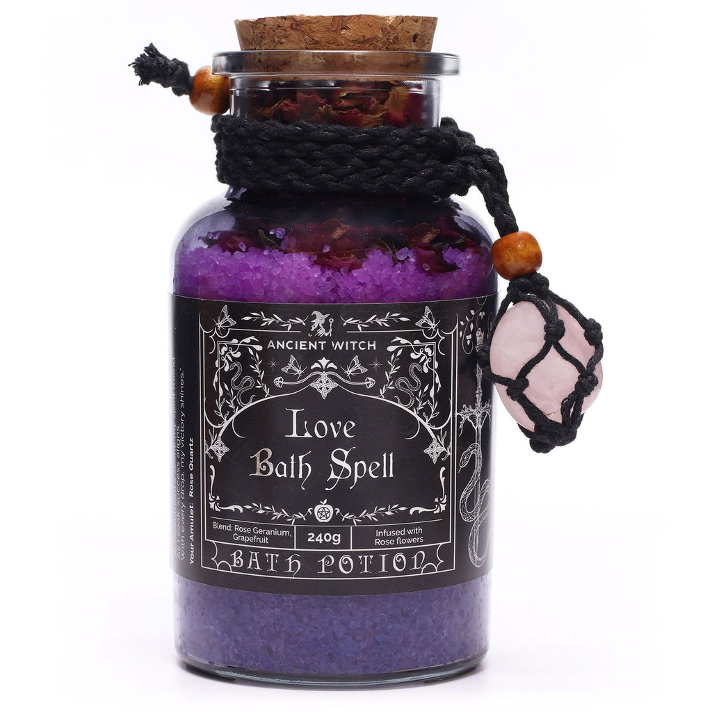 Love Ancient Witch Bath Spell Potion & Rose Quartz Crystal Amulet